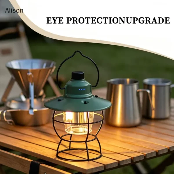 H09d85aae57b343e685ac8edf9b483fccM (1) IP65 Waterproof Rechargeable LED Retro Camping Lantern ABS+PC+Iron Hanging Portable Outdoor Tent Emergency Garden Dimmable