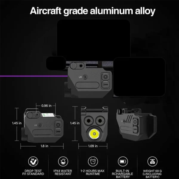 H847fb4ca69be490ba3d400f5921b73e8j USB Rechargeable Aluminum Tactical Flashlight, Green, Purple Beam, White LED, Multi-mode Shooting Accessory