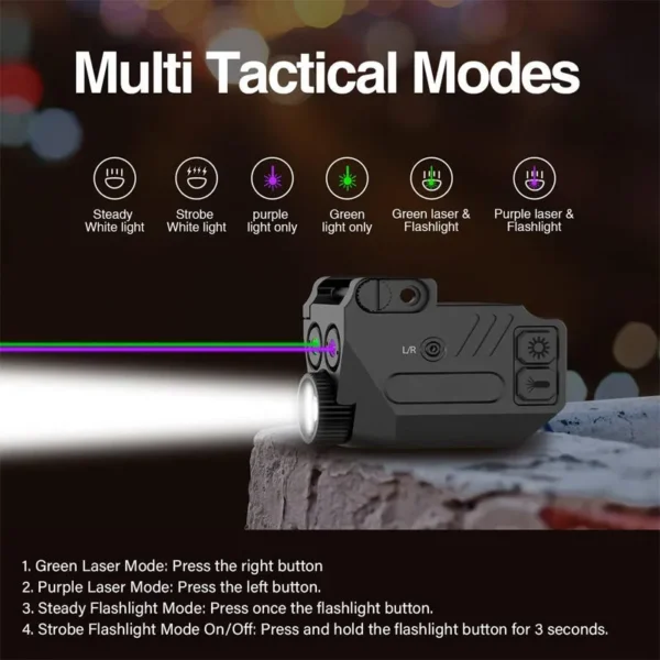 H9308add797044e99a096146c8f94b0b0E USB Rechargeable Aluminum Tactical Flashlight, Green, Purple Beam, White LED, Multi-mode Shooting Accessory