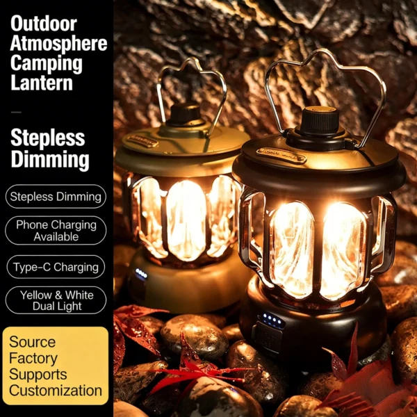 Portable Retro Camping Lantern LED Rechargeable AA Battery Rated 3 Modes Warm/White Light 183lm Emergency Outdoor Light