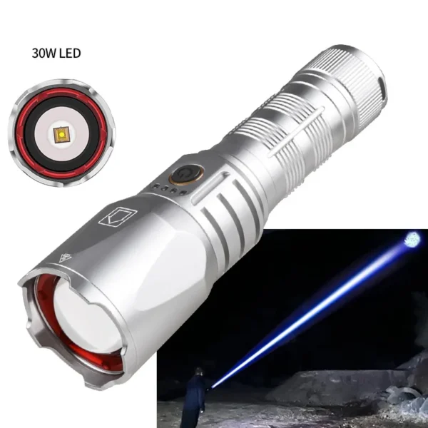 New XHP160 Super Bright Focusing Flashlight, Type‑C Charging 30W White Laser High‑Power Long‑Range Flashlight