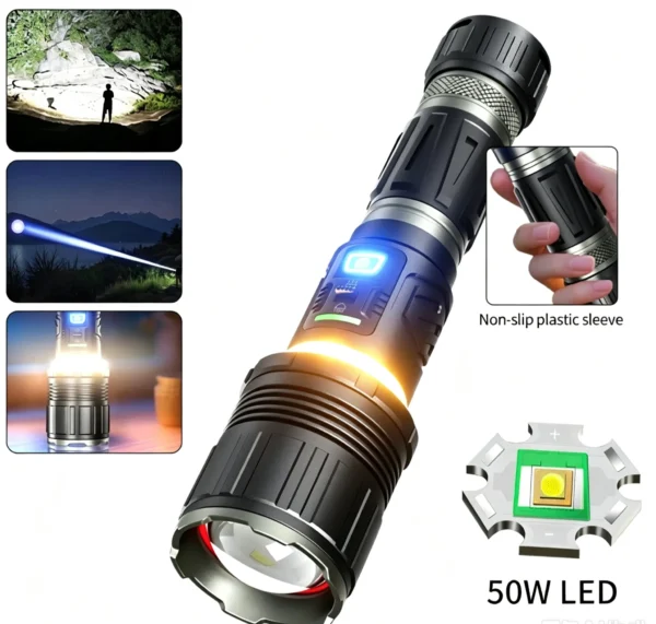 New Arrival 50W LED Super Bright Long‑Range Flashlight With 26800 Battery, Outdoor High‑Power Torch