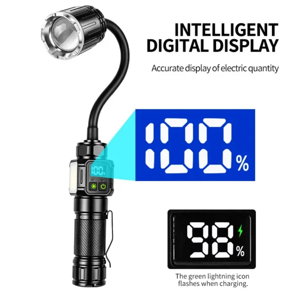New LED Flexible Hose Flashlight, Pen Clip & Magnetic Base, Rotatable Bendable Multi‑Light Source Digital Display Flashlight