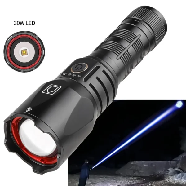 New XHP160 Super Bright Focusing Flashlight, Type‑C Charging 30W White Laser High‑Power Long‑Range Flashlight