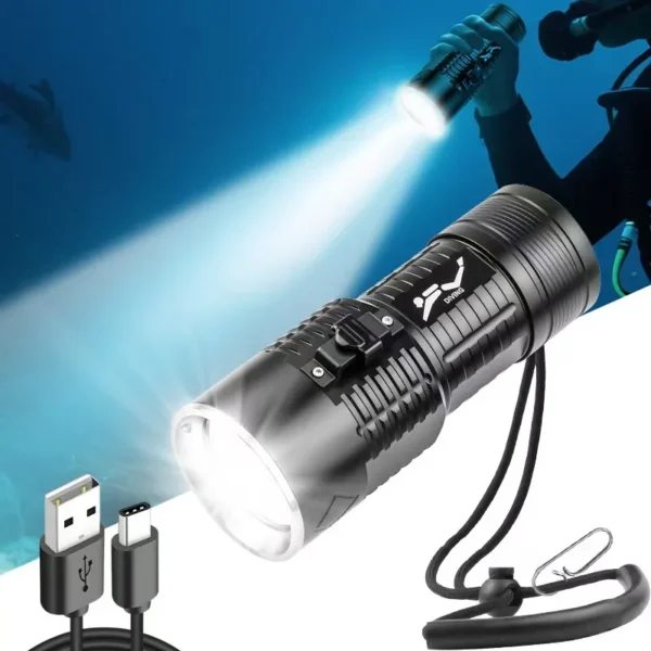 High-intensity rechargeable white and yellow light torch for diving and use on land and in water
