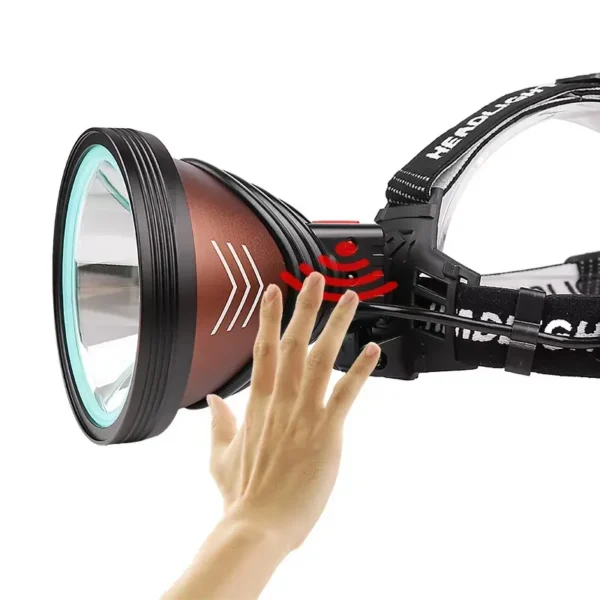 High-intensity head torch with USB charging and inductive charging, aluminium reflector