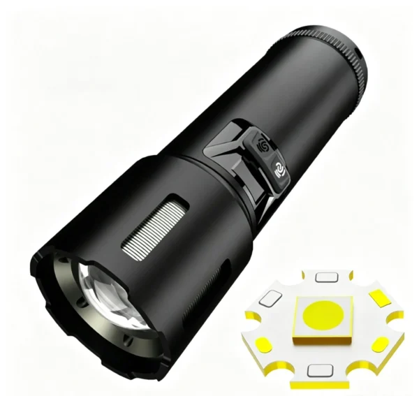 High-output long-range torch with side lights and multifunctional digital battery level display