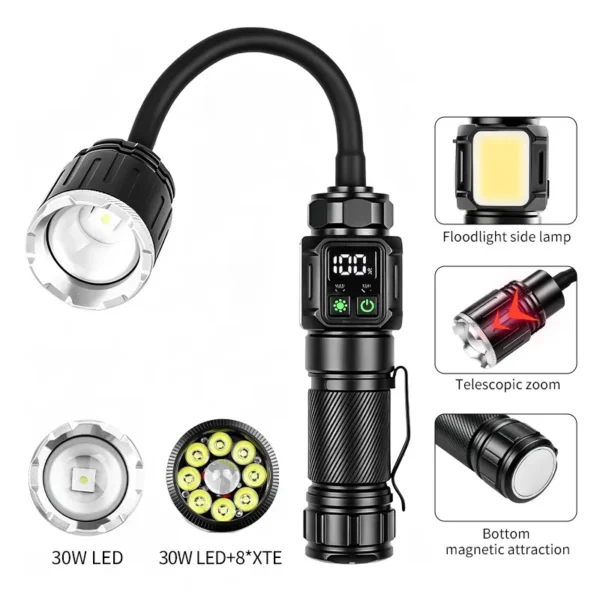 New LED Flexible Hose Flashlight, Pen Clip & Magnetic Base, Rotatable Bendable Multi‑Light Source Digital Display Flashlight