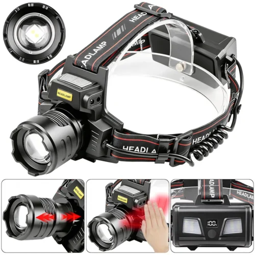 New white laser headlamp with dual yellow and white light sources, zoom function, adjustable output and a sensor for bright light detection, designed for long-range illumination