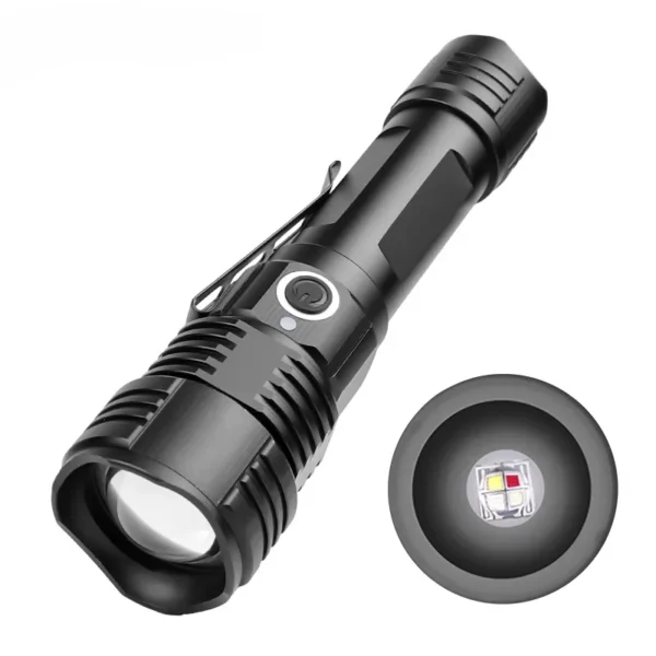 New XPE 4‑Color Tactical High‑Power Flashlight, USB Rechargeable White Red Green UV Light Torch
