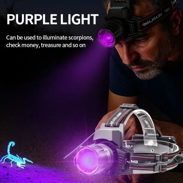 New Zoomable UV/Violet Light USB-Rechargeable Digital Display High-Intensity Outdoor Headlamp