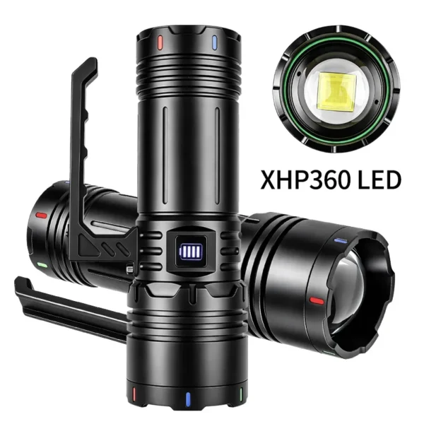 New XHP360 + Rear‑End LED Multi‑Light Source High‑Lumen Handheld Searchlight, High‑Capacity Power‑Output Flashlight