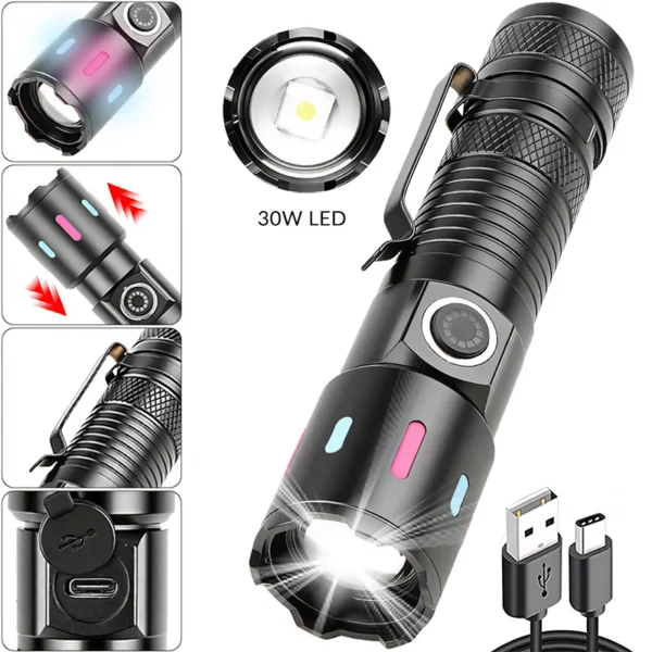 White Laser High‑Power Flashlight, Long‑Range Outdoor Torch With Pen Clip, Translucent Fluorescent Strip, Portable Rechargeable Flashlight