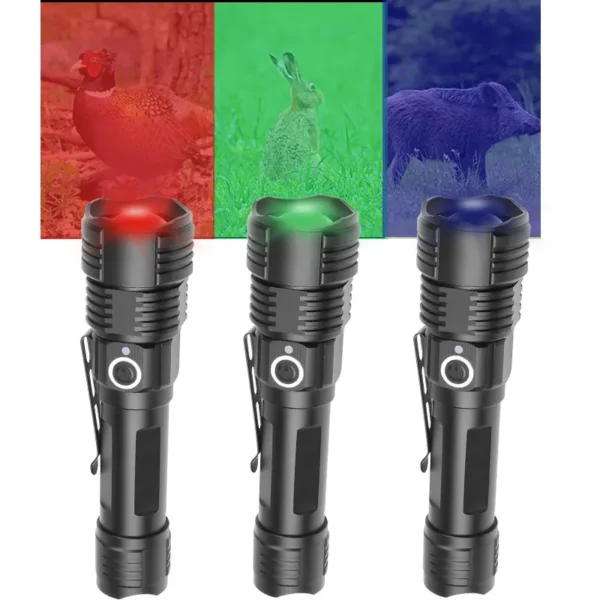 New XPE 4‑Color Tactical High‑Power Flashlight, USB Rechargeable White Red Green UV Light Torch