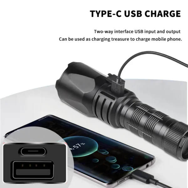 New XHP160 Super Bright Focusing Flashlight, Type‑C Charging 30W White Laser High‑Power Long‑Range Flashlight
