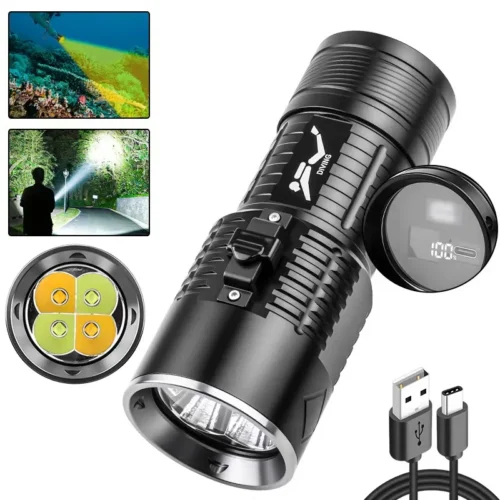 High-intensity rechargeable white and yellow light torch for diving and use on land and in water