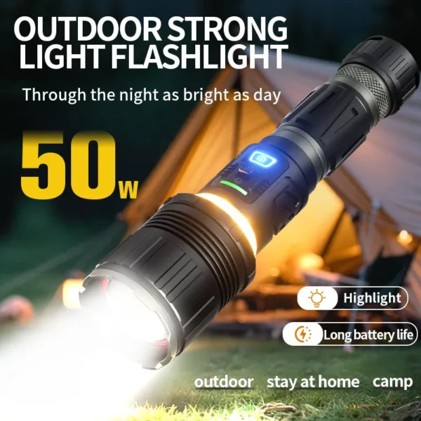 New Arrival 50W LED Super Bright Long‑Range Flashlight With 26800 Battery, Outdoor High‑Power Torch