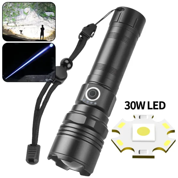 30W LED White Laser Long‑Range Flashlight, XHP70 High‑Power Torch With Magnet, Multi‑Function Camping Light