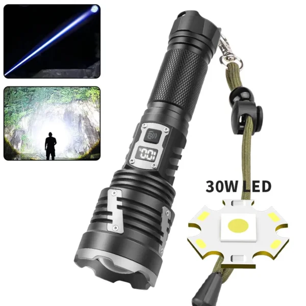 Custom XHP360 High‑Power Flashlight, Digital Power Display With Output, 30W Long‑Range Torch