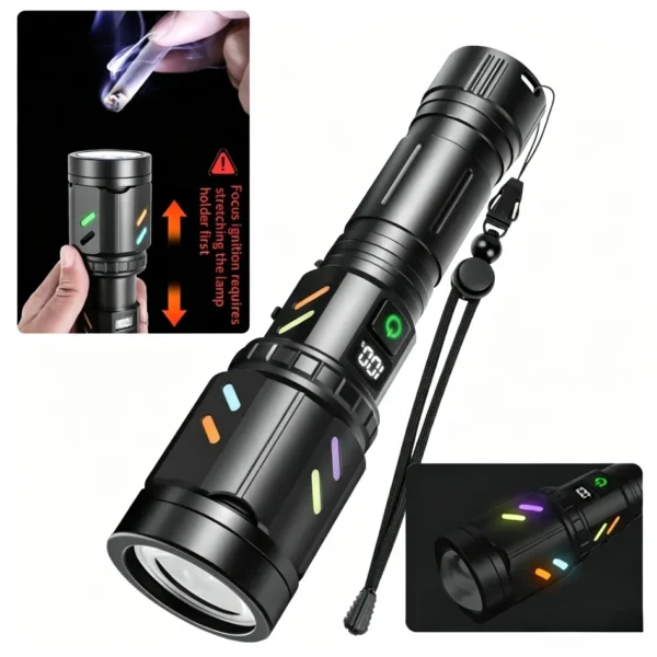 White Laser LED Flashlight, Digital Display Color Fluorescent Dual‑Lens, Ignition Focus Long‑Range Outdoor High‑Power Torch