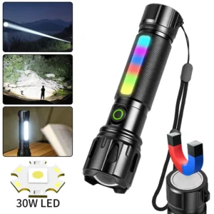 059052662f0ab6df45abea1272f75c82 New White Laser LED Flashlight with Built-in Battery, RGB Side Light Strip, Magnets – Compact, Lightweight and Multifunctional High-Intensity Flashlight