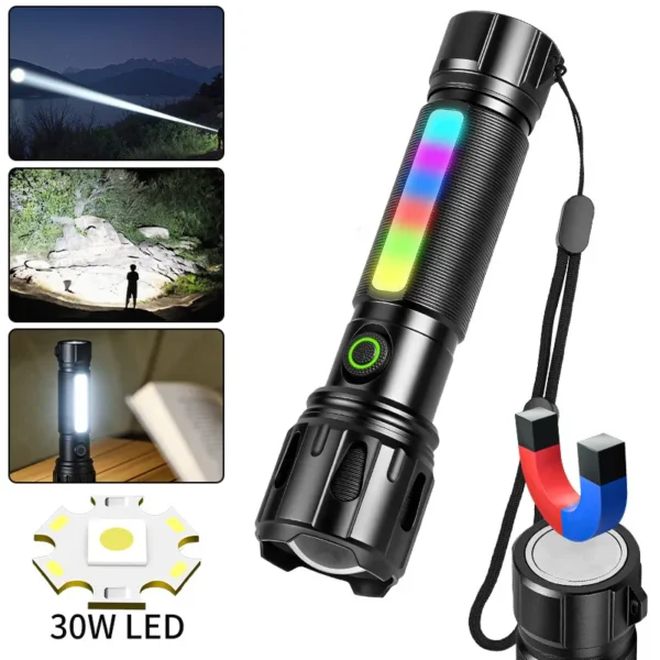 059052662f0ab6df45abea1272f75c82 New White Laser LED Flashlight with Built-in Battery, RGB Side Light Strip, Magnets – Compact, Lightweight and Multifunctional High-Intensity Flashlight