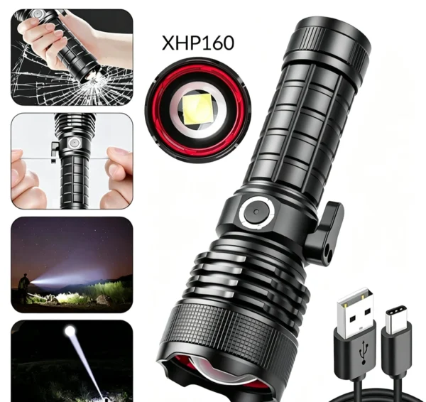 2afa880fb7029c8ccb2b1ebc74a63cf7 New XHP160 Ultra-Bright Spot-Beam Torch: Type-C Rechargeable High-Intensity Torch with Window-Breaking Hammer – Multifunctional Torch