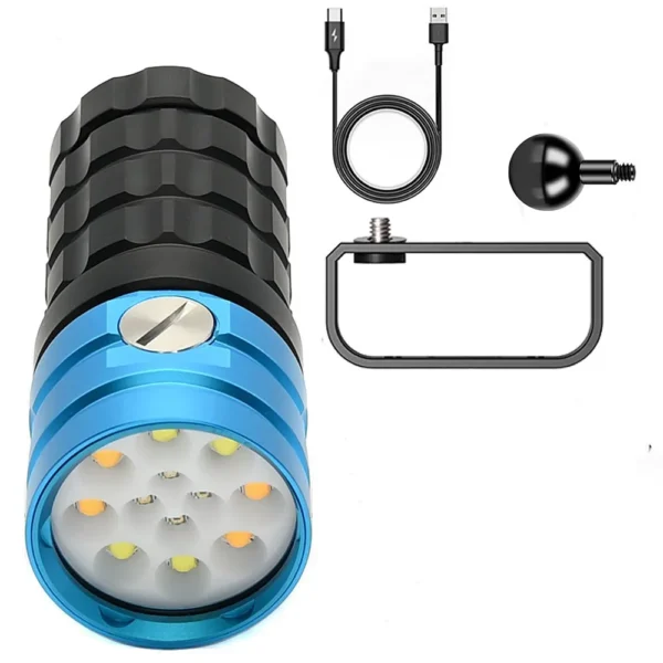 New Model Diving Light: Multi-Source White, Red, Blue and Purple Light Lens Photography Torch – USB Multi-Function