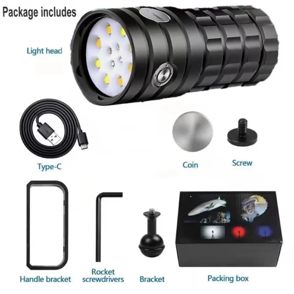 New Model Diving Light: Multi-Source White, Red, Blue and Purple Light Lens Photography Torch – USB Multi-Function