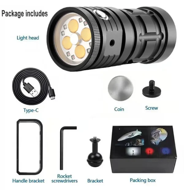 New Model Diving Light: Multi-Source White, Red, Blue and Purple Light Lens Photography Torch – USB Multi-Function