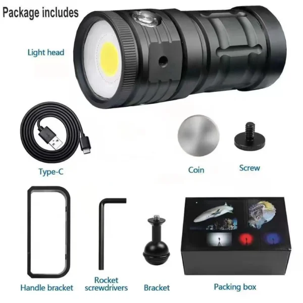 New Model Diving Light: Multi-Source White, Red, Blue and Purple Light Lens Photography Torch – USB Multi-Function