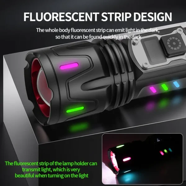 New digital-display white laser torch with a light-transmitting fluorescent strip, delivering a powerful beam for long-range use