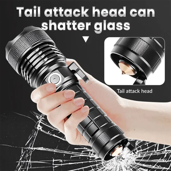 9d3ab331f124b37c389cc5ef718b271d New XHP160 Ultra-Bright Spot-Beam Torch: Type-C Rechargeable High-Intensity Torch with Window-Breaking Hammer – Multifunctional Torch