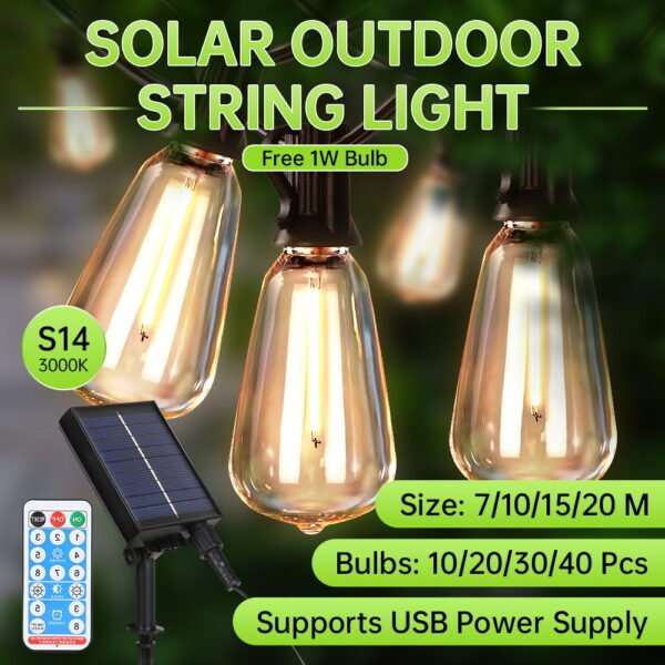 H4c955f365c154afb88e238860a7a60bay G40 Solar String Light IP65 Waterproof Remote Control LED Solar Garden Lights Outdoor for Wedding Patio Garland Decor zhengjie