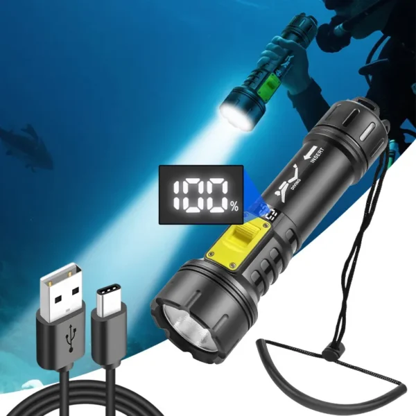 New High-Power, High-Intensity Diving Torch with Magnetic Switch, Digital Display, 21700 Battery and USB Charging