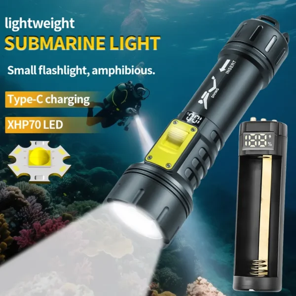 New High-Power, High-Intensity Diving Torch with Magnetic Switch, Digital Display, 21700 Battery and USB Charging