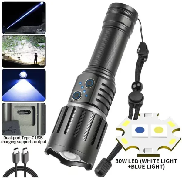 New ultra-bright dual-light-source white laser dual-head Type-C input/output dual-switch long-range high-intensity torch