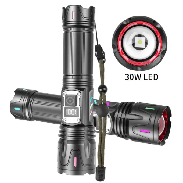 New digital-display white laser torch with a light-transmitting fluorescent strip, delivering a powerful beam for long-range use